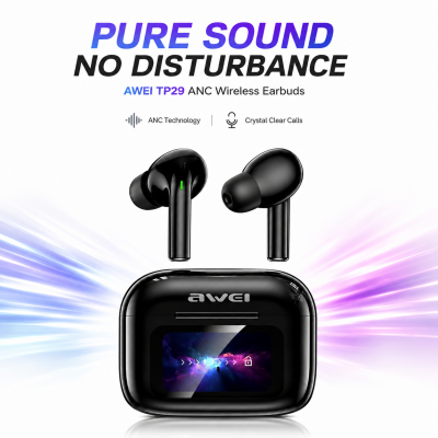 Awei TP29ANC AI Translation & ANC Wireless Earbuds – Bluetooth 6.0 Real-Time Translator Earphones with 147 Languages, 10mm Driver & LCD Touch Screen